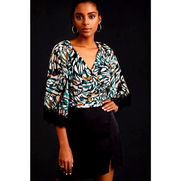 Anthropologie Flutter-Sleeve Printed Wrap Top - New Small - Picture 1 of 6